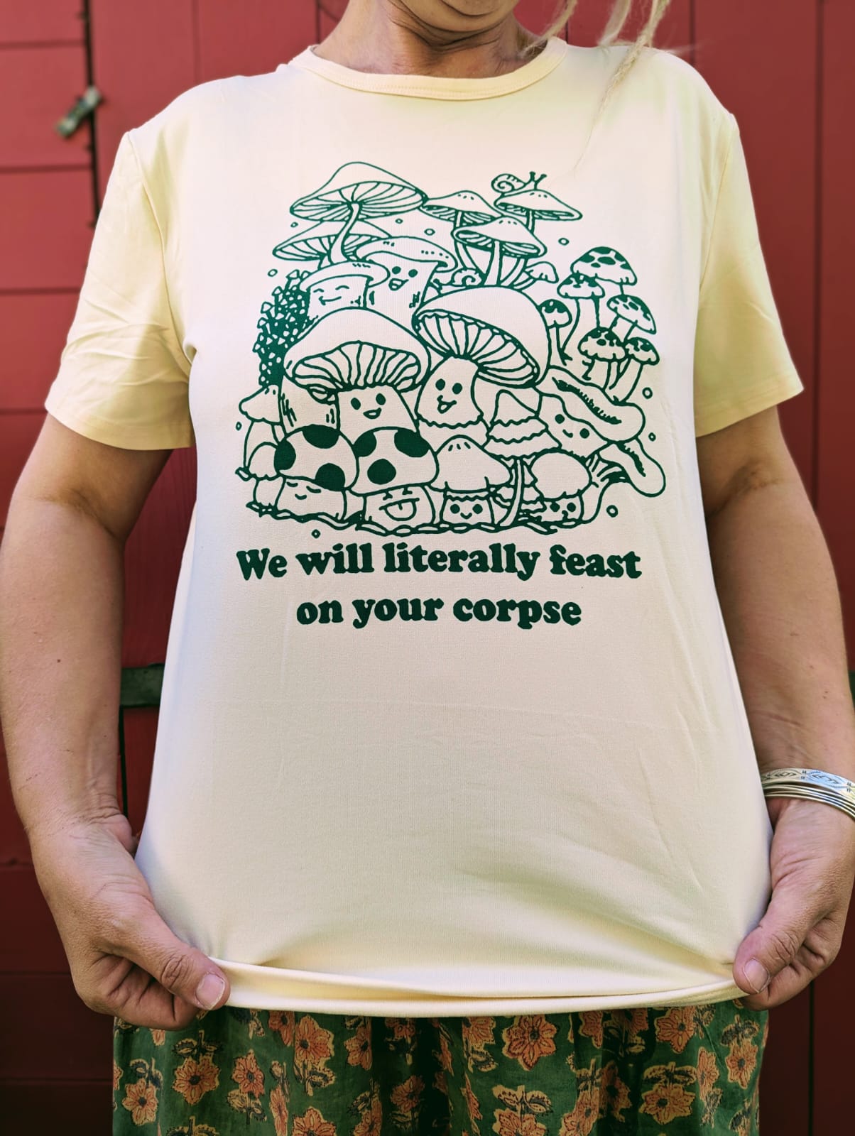 “We Will Literally Feast On Your Corpse” Mushroom Tee – Cream Cotton Lycra (Female Fit)