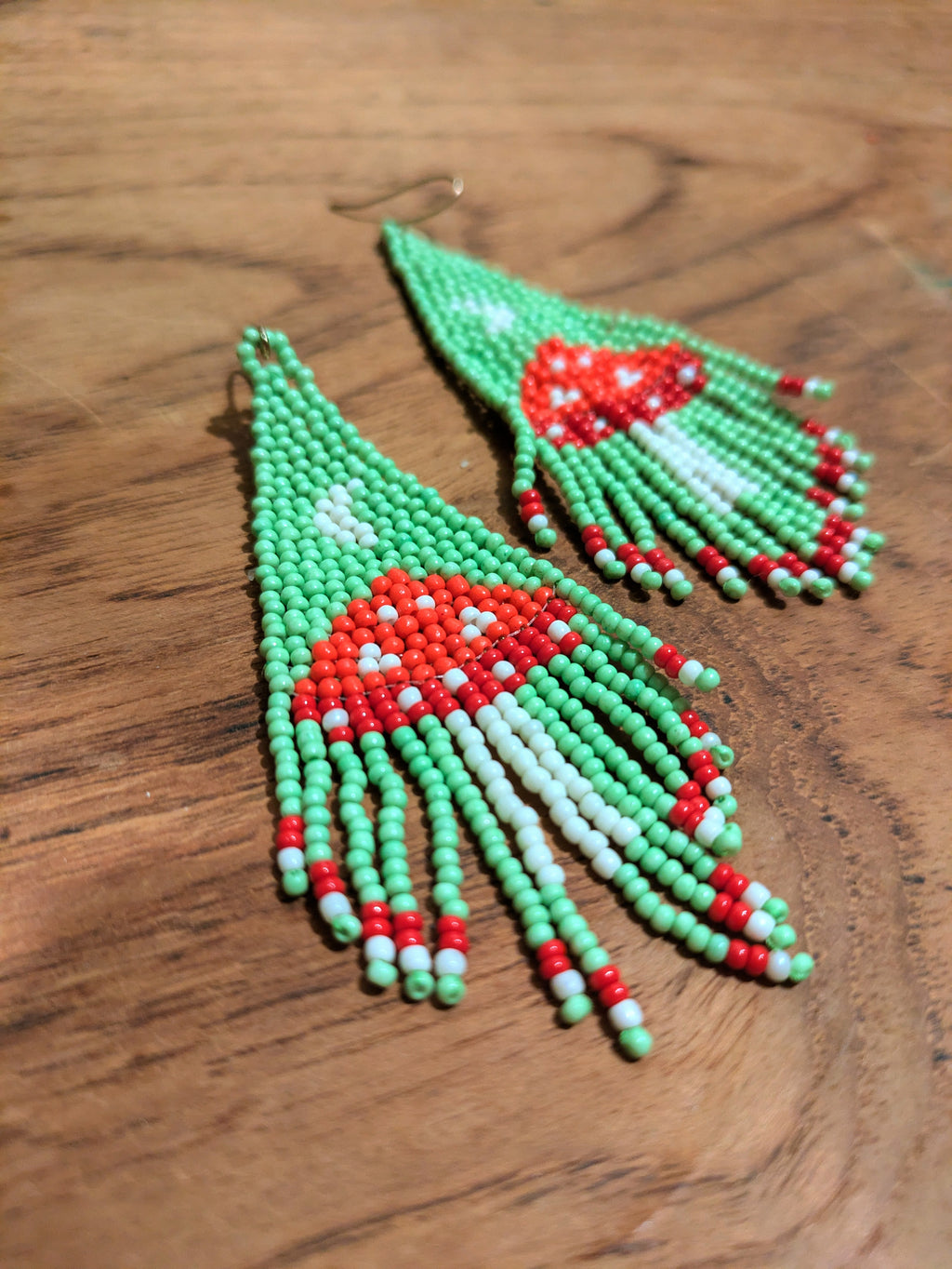 Mint Mushroom Seed Bead Fringe Earrings