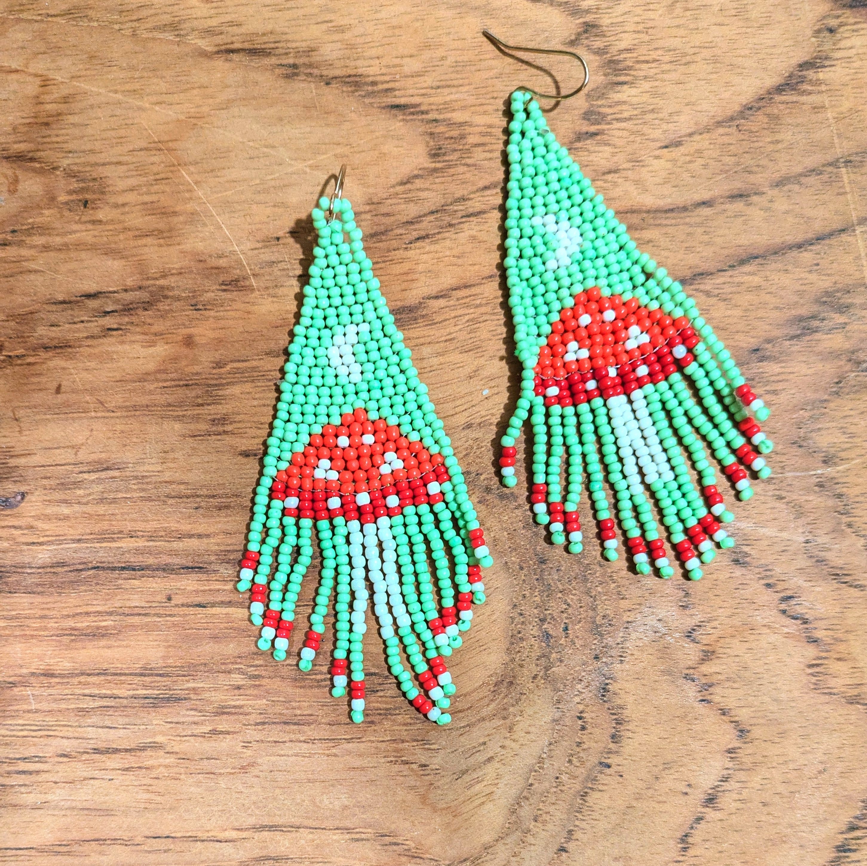 Mint Mushroom Seed Bead Fringe Earrings