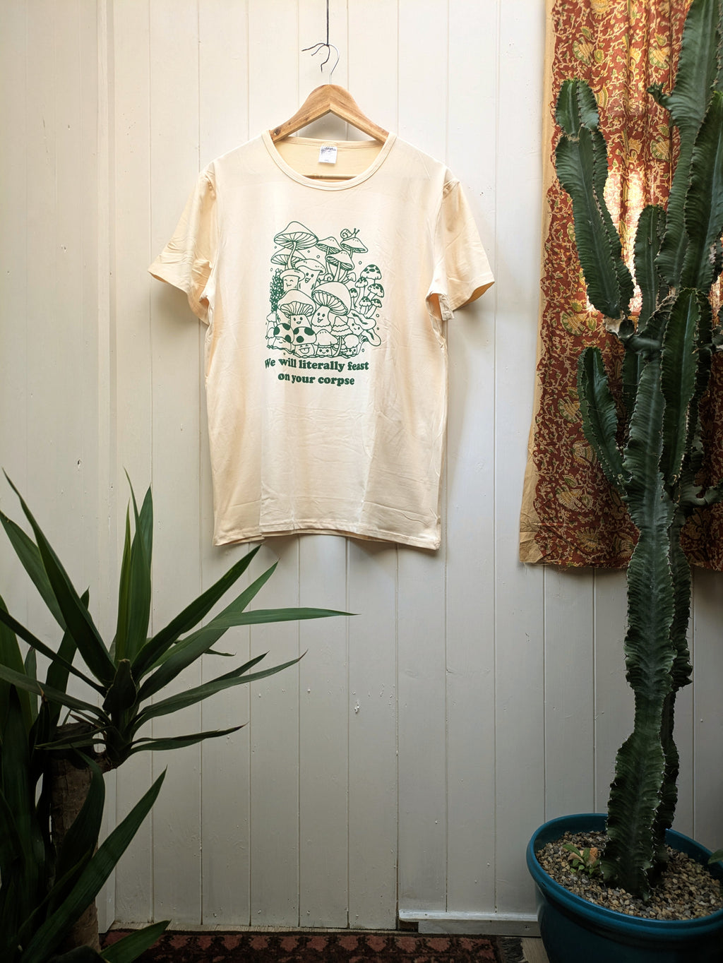 “We Will Literally Feast On Your Corpse” Mushroom Tee – Cream Cotton Lycra (Female Fit)